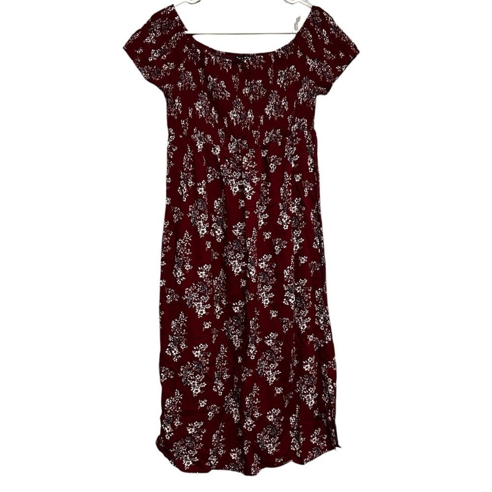 Haute Monday Burgundy Red Floral Smocked Bodice Off Shoulder Midi Dress Size M